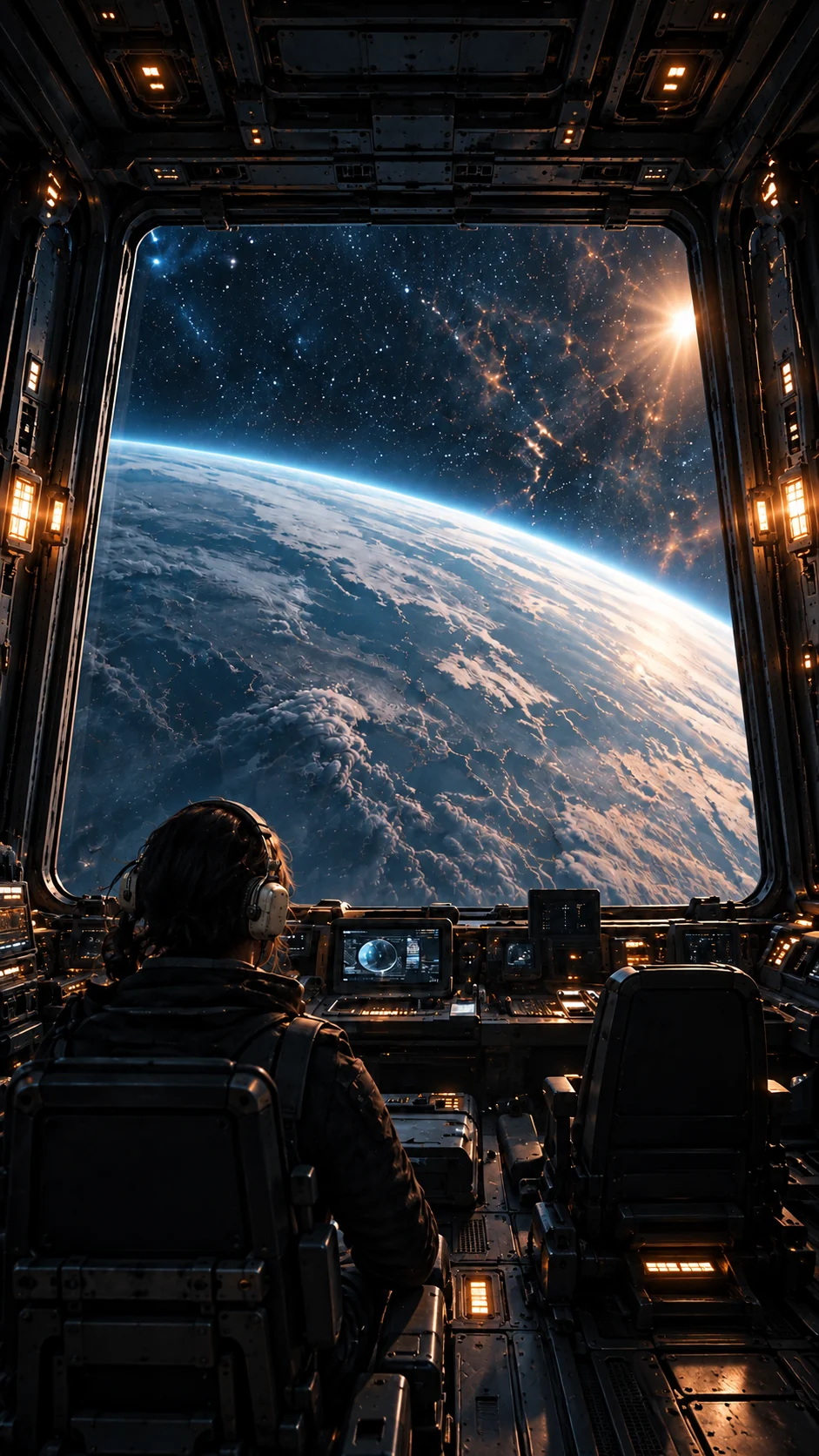 View from a spacecraft window overlooking the worlds beyond the Novaryn Verge