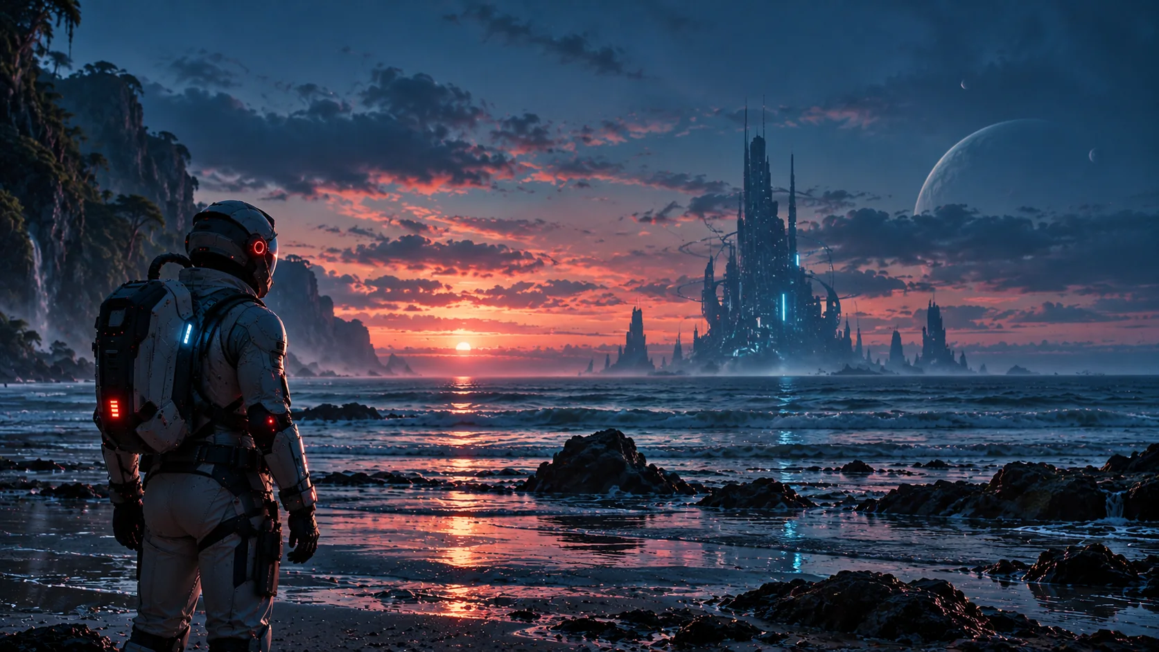 Explorer overlooking a distant city on the frontier
